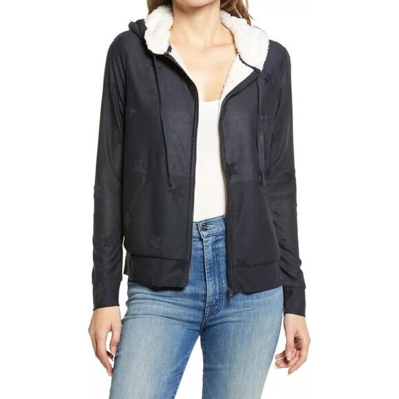 Bobeau Flocked Zip Hoodie Sweatshirt Fleece Lined Denim Stars Blue NWT Small - Picture 2 of 9
